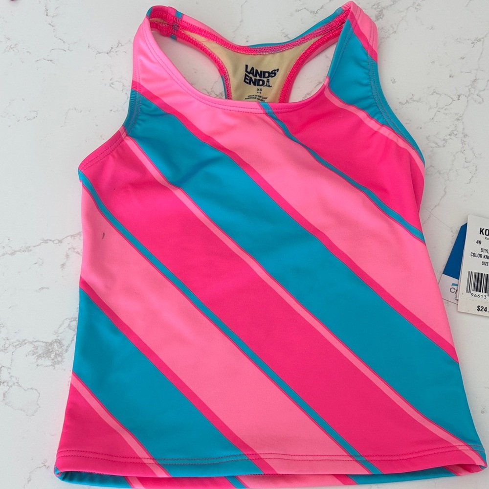 Lands' End Girls Vibrant Pink and Blue Swim Bathing Suit Racerback Tank - XS 4/5